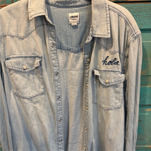 LEGAND by LUCKY BRAND Light Blue Denim Shirt w/ Embroidered Detail & added flare - Picture 1 of 8